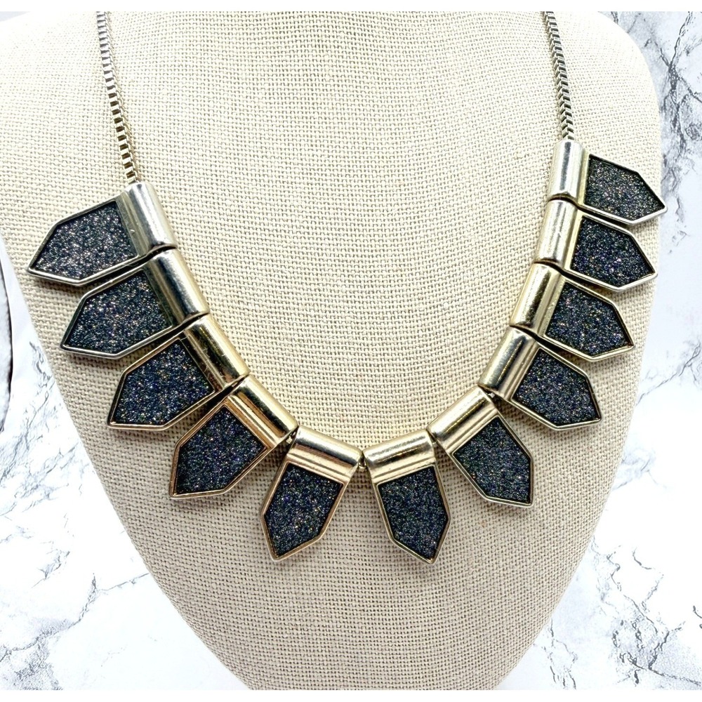 Mixed Metal Druzy Style Statement Necklace‎ Silver Chain Gold Black Pendants